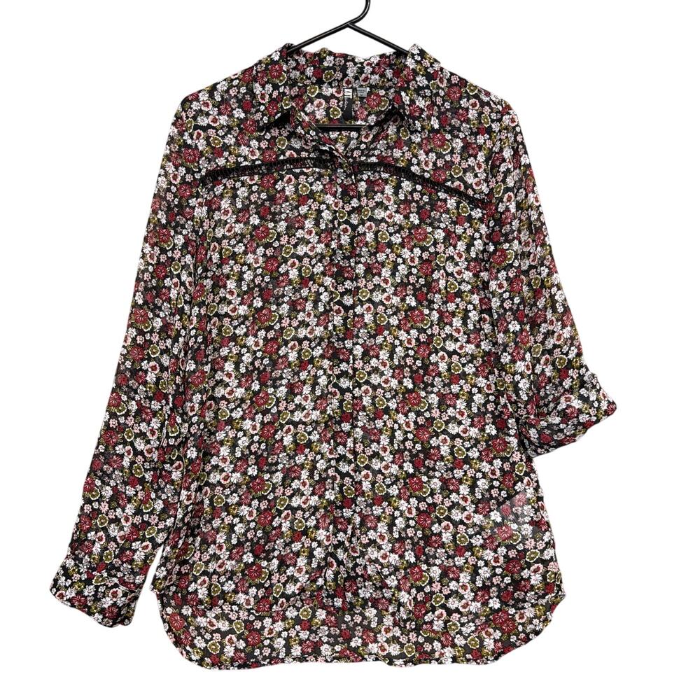 Kut from the Kloth Womens Blouse Black Multi Floral Collared Button Down Sheer M